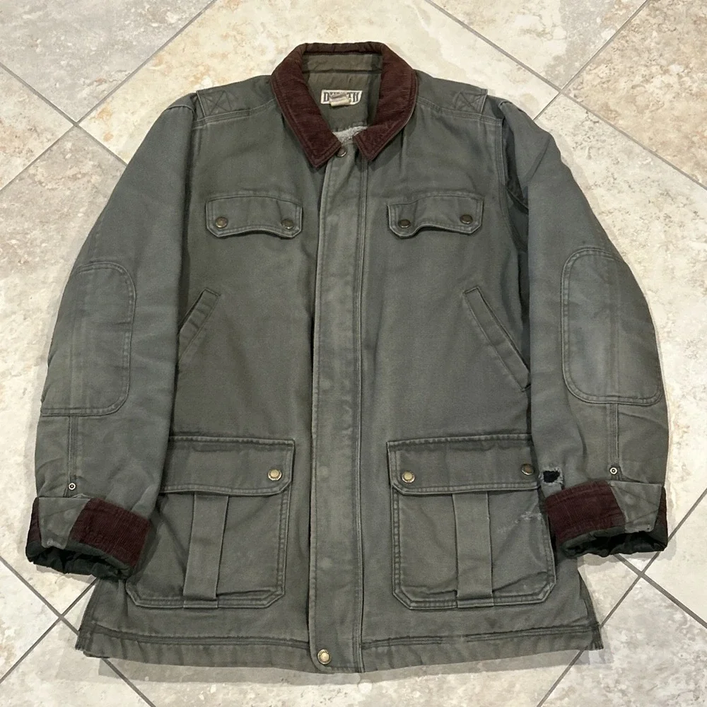 Duluth Trading Co Fire Hose Canvas Jacket Men L Tall Green Sherpa Lined Workwear